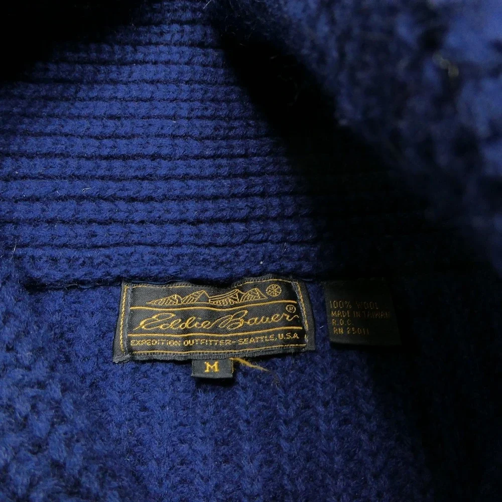 Vintage Eddie Bauer Sweater Mens Medium Blue Wool Shawl Collar Chunky Knit